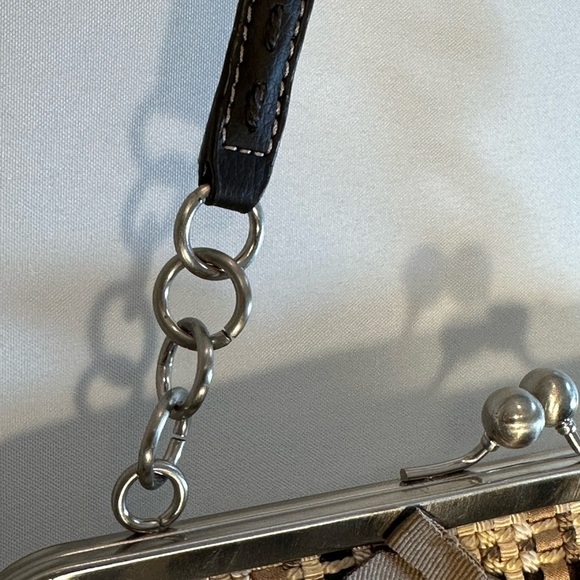 The SAK Brown Tan Basket Weave Clasp Rhinestones Bows Chic Evening Shoulder Bag - Picture 9 of 11